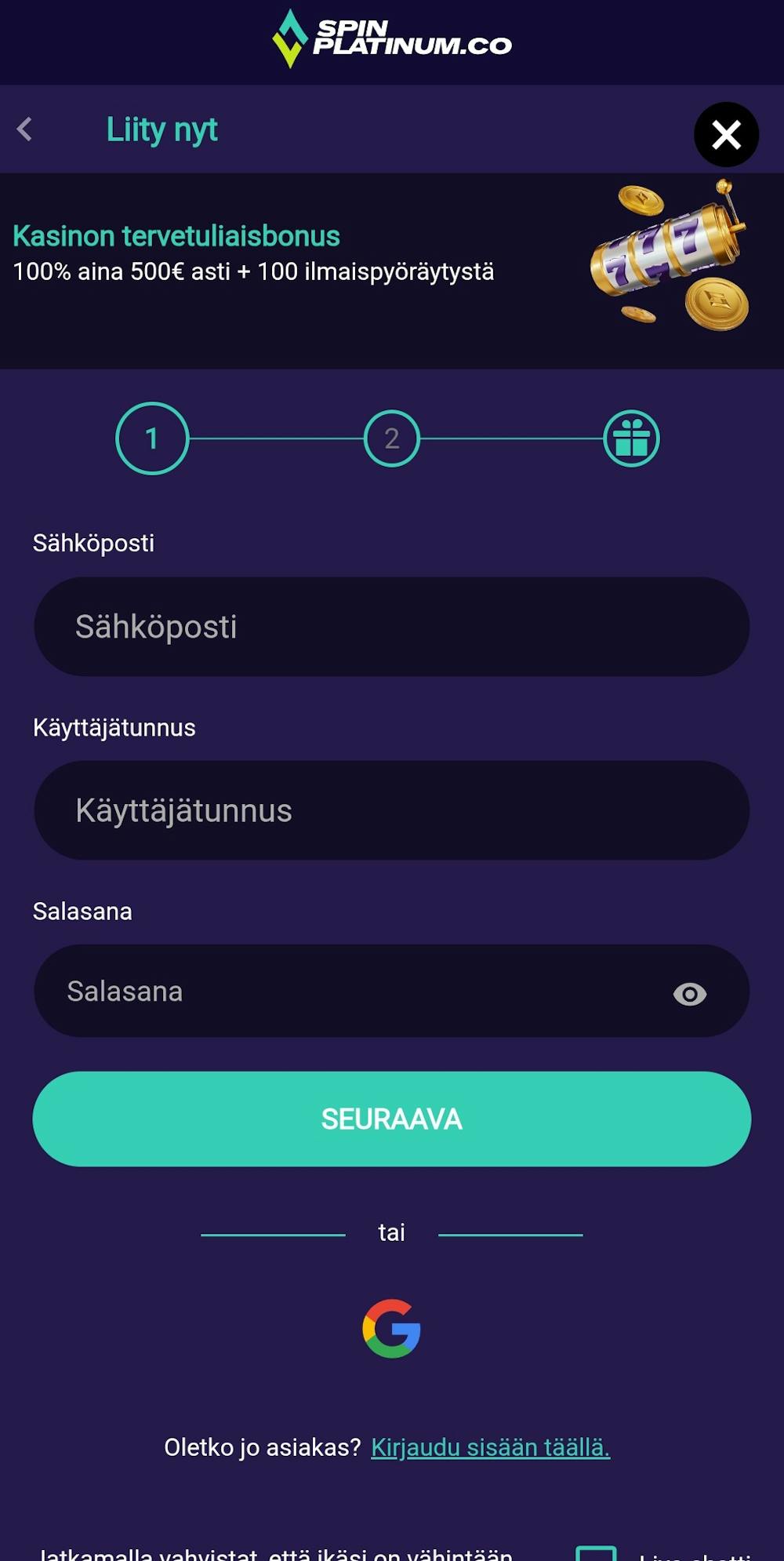 Spin Platinum kasinon rekisteröitymislomake.