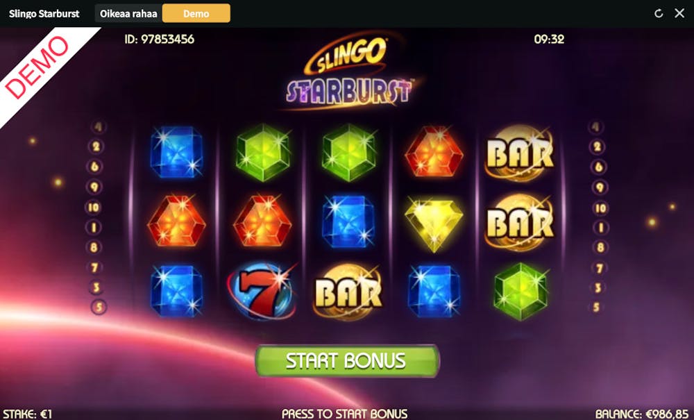 Slingo Starburst bonuspeli, jota pelataan Starbust-kolikkopelin keloilla ja symboleilla