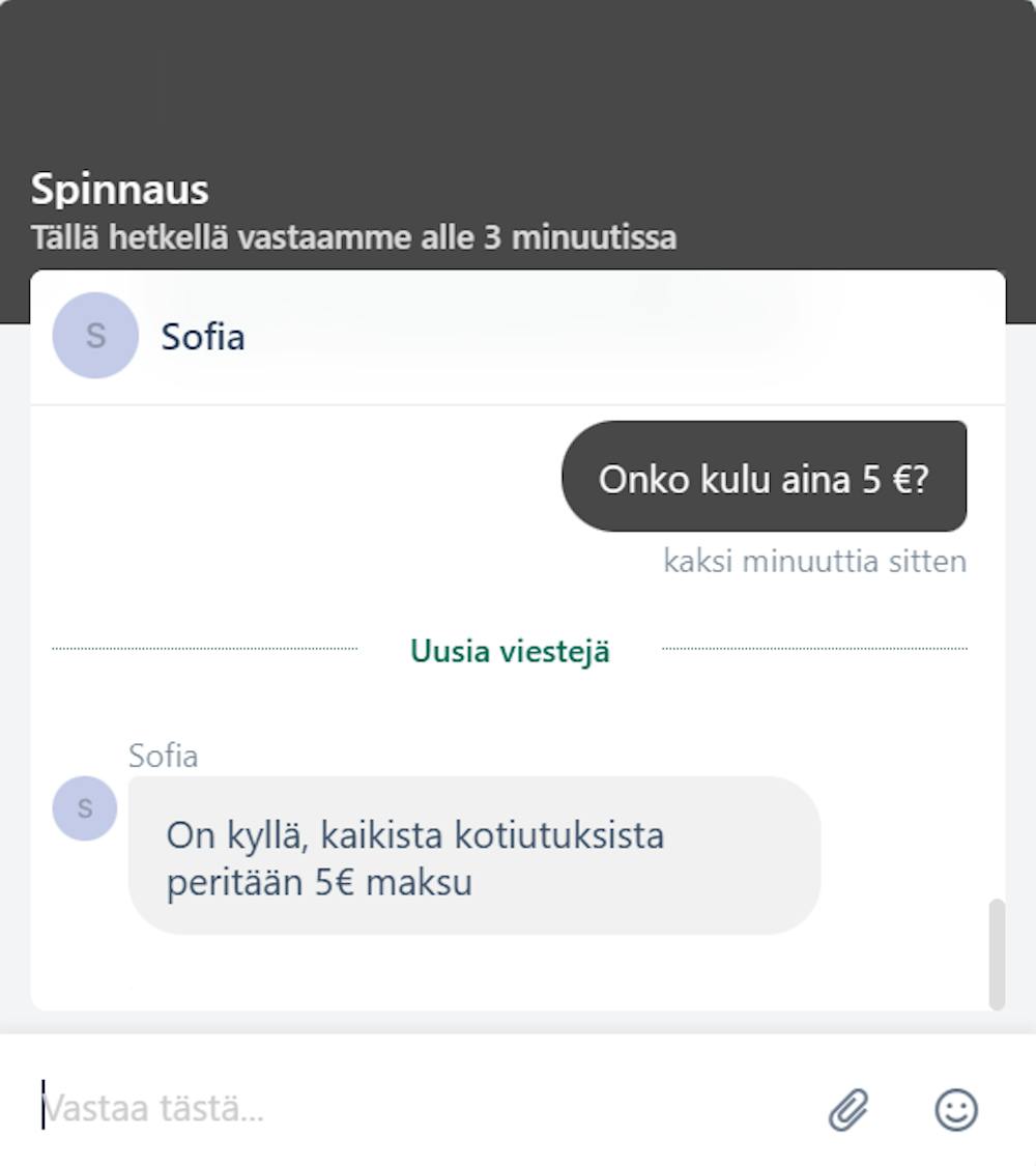 Spinnaus Casinolla palveltiin testihetkellä sujuvasti suomeksi.