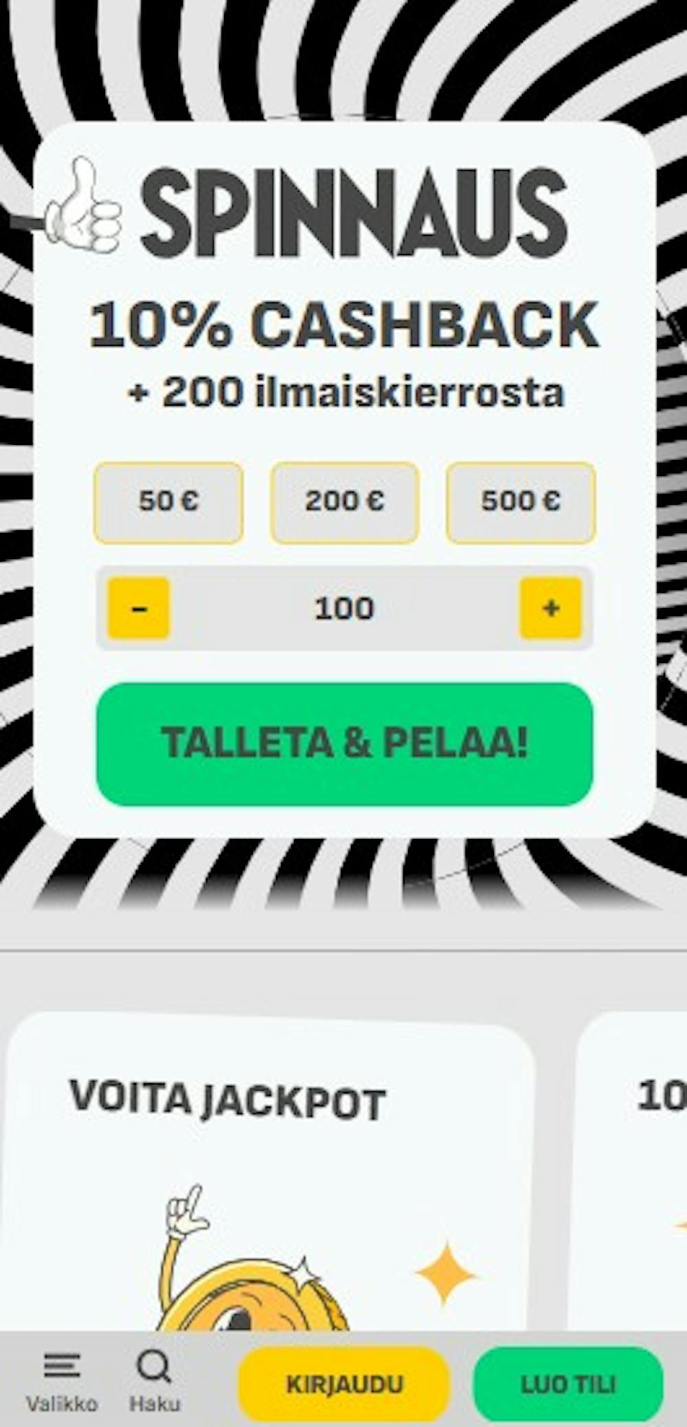 Spinnaus Casino tarjoaa bonuksena ilmaiskierroksia ja cashbackin.