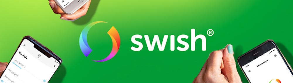 Swish logotypen. I bilden ser man också hur appen används.