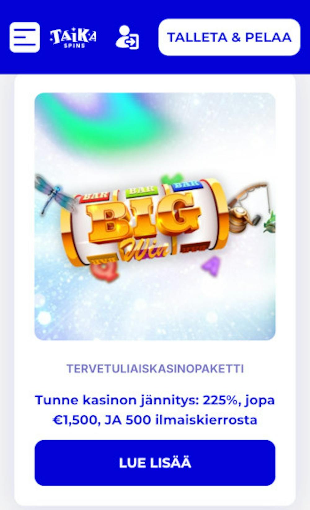 Taika Spins kasinon tervetuliaispaketti: 225 % jopa 1 500 € ja 500 spinniä