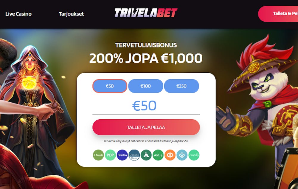 Trivelabet Casinon tervetuliaisbonus on 200 % talletusbonus 1000 euroon asti.