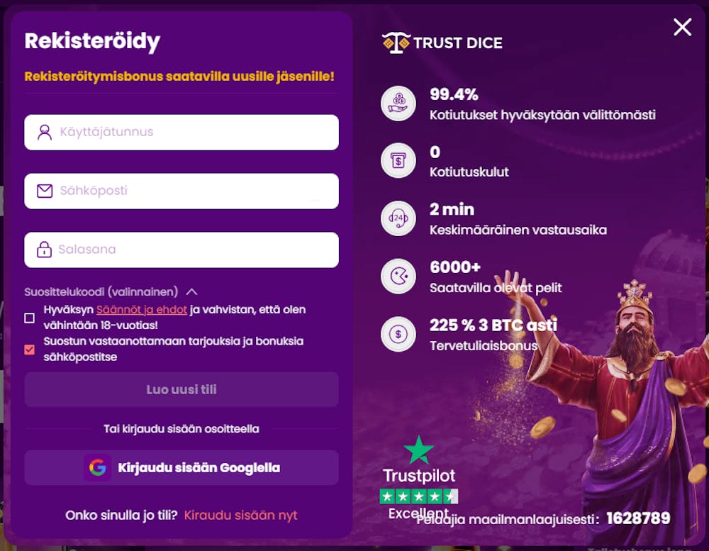 Pelitilin avaaminen Trust Dice Win kasinolle alkaa antamalla sähköpostiosoite ja salasana.