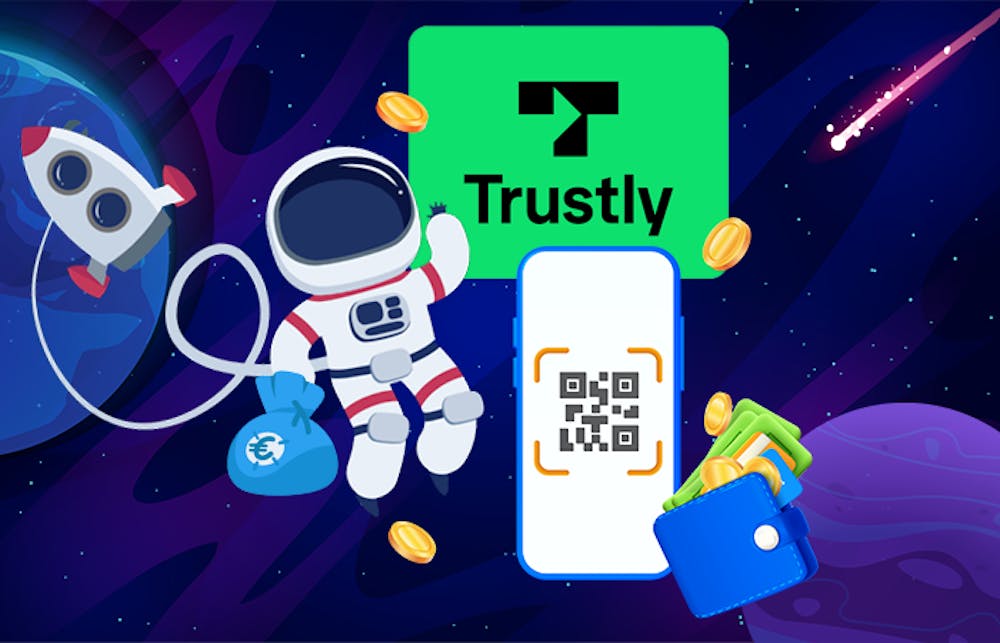 Trustly kasinot - kuvassa astronautti avaruudessa ja Trustly maksutapa mobiilissa