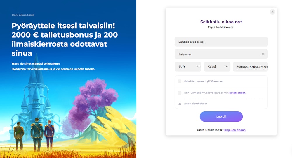 Tsars Casinon pelitilin avaaminen