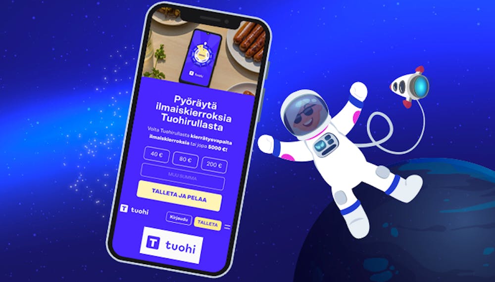 Suomalaisen Tuohi Casinon avaruusteemainen talletussivu mobiilissa, kolme talletusvaihtoehtoa ja leijuva astronautti
