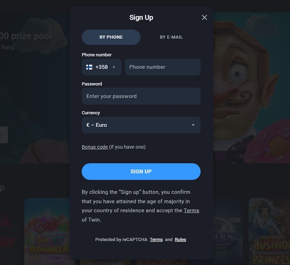 Rekisteröi uusi tili Twin Casinolle