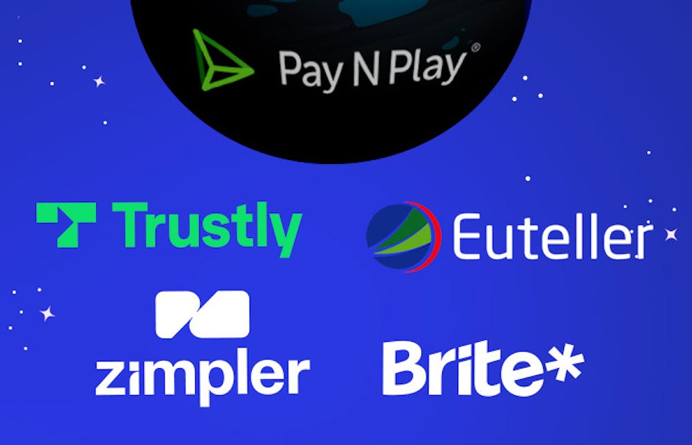 Pay N Play kasinoiden maksutavat: Trustly, Zimpler, Euteller, Brite. Kuvassa näiden maksutapojen logot ja Pay N Play logo avaruudessa.