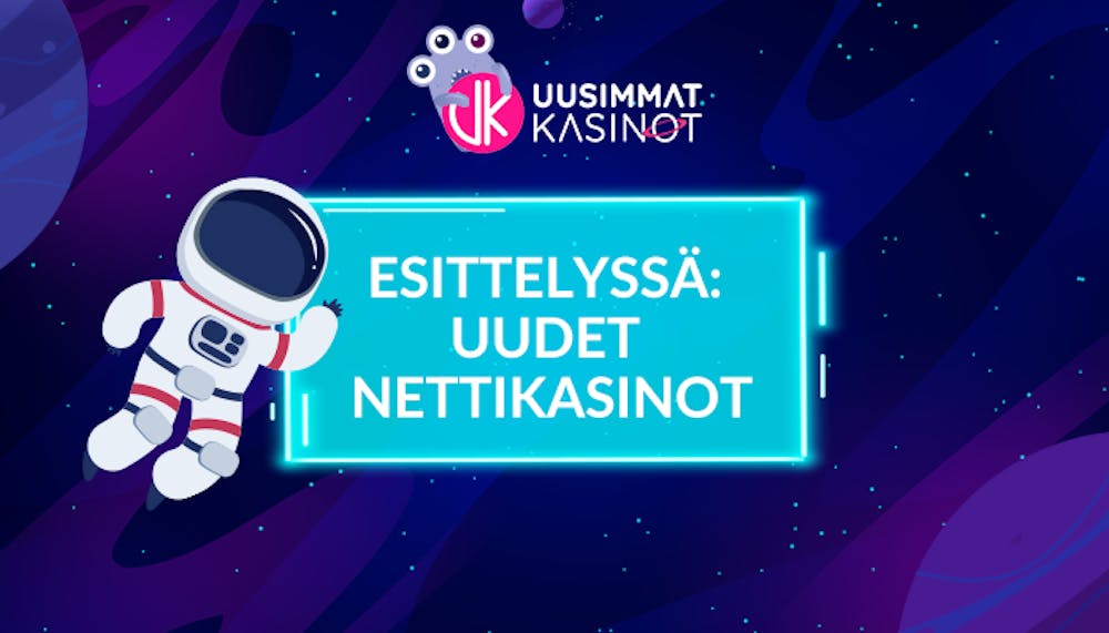 Esittelyssä uudet nettikasinot - Uusimmat kasinot logo ja astronautti, joka toimii esittelijänä