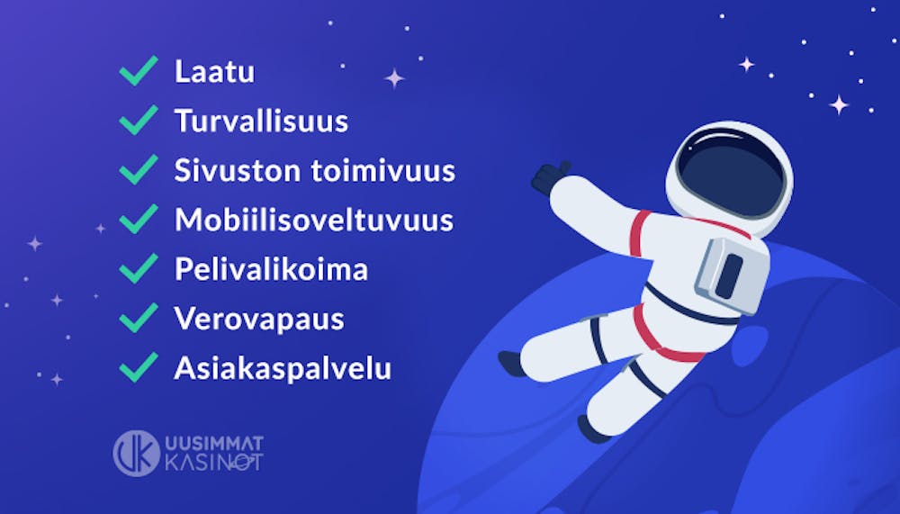 Suomalaisten kasinoiden ominaisuudet: Laatu, turvallisuus, sivuston toimivuus, mobiilisoveltuvuus, pelivalikoima, verovapaus, palvelu