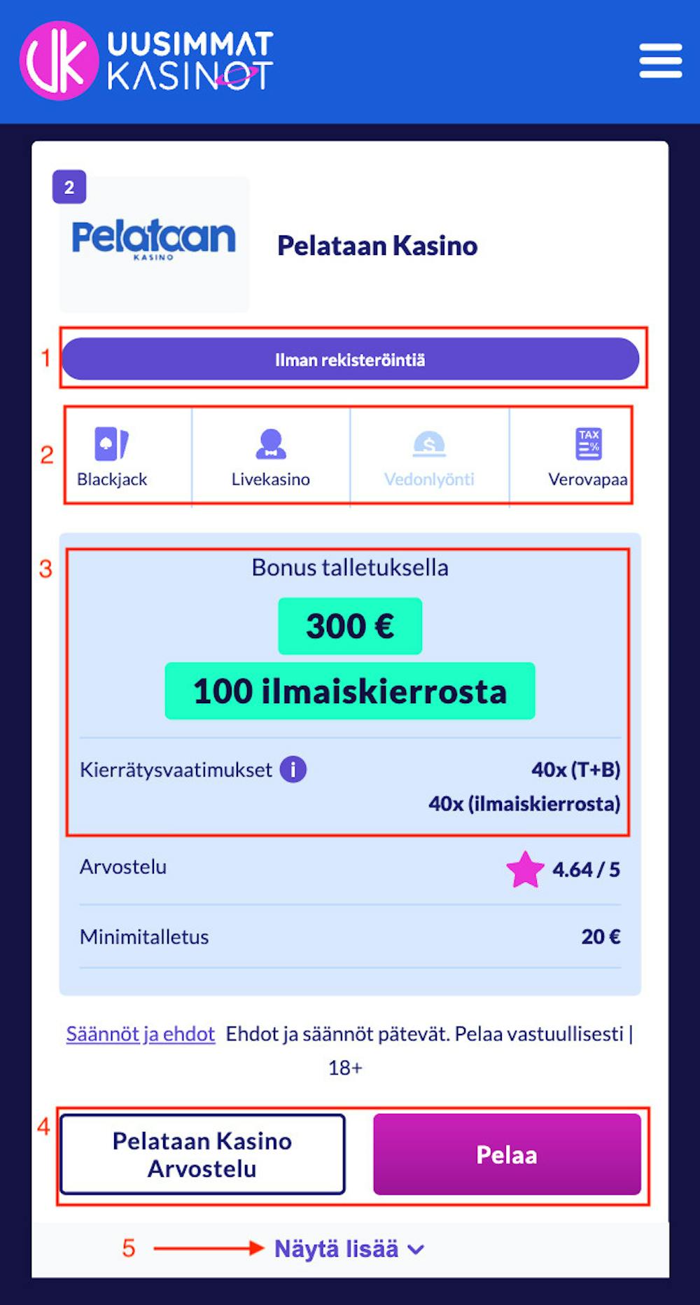 Uusimmatkasinot-lista selitettynä, esimerkkinä Pelaataan Casinon näkymä