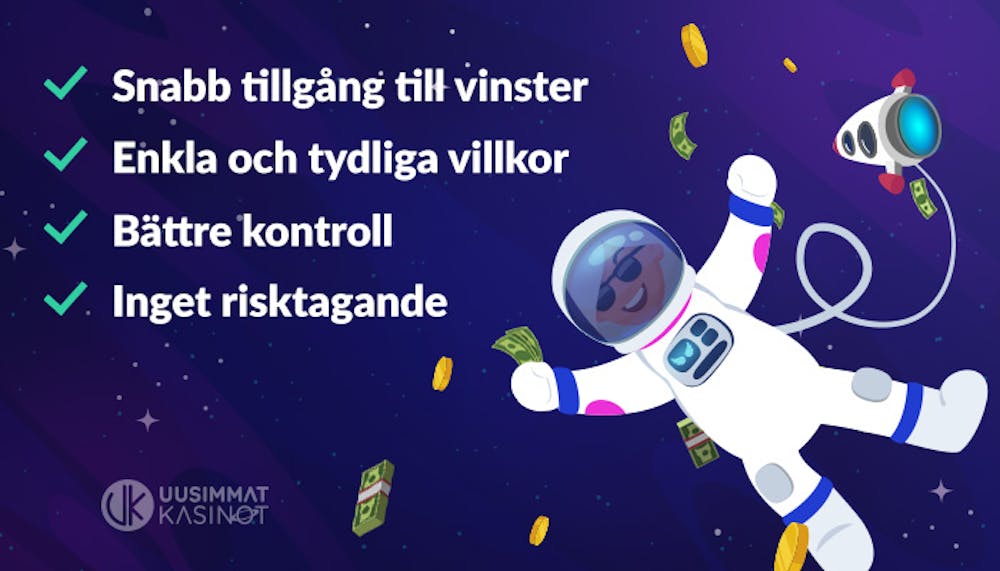 En astronaut svävar runt i rymden. På bilden är också fördelarna med att spela på ett casino utan omsättningskrav listade.