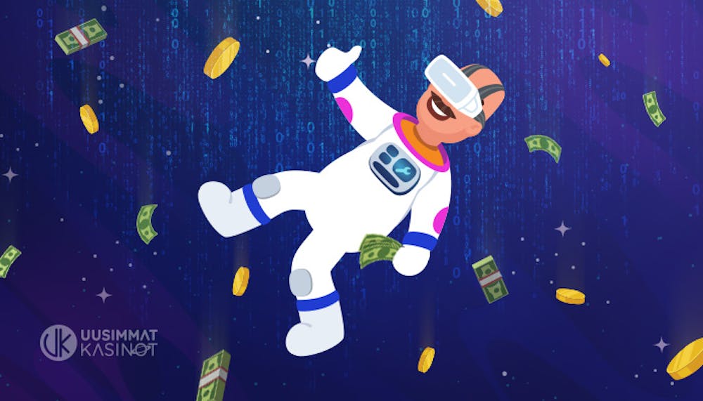 En astronaut som har på sig ett VR-headset ser glad ut. I bilden kan man också se rymden samt en massa pengar och guldmynt.