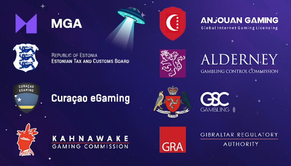 8 logotyper för olika utländska spellicenser med rymden som bakgrund.
