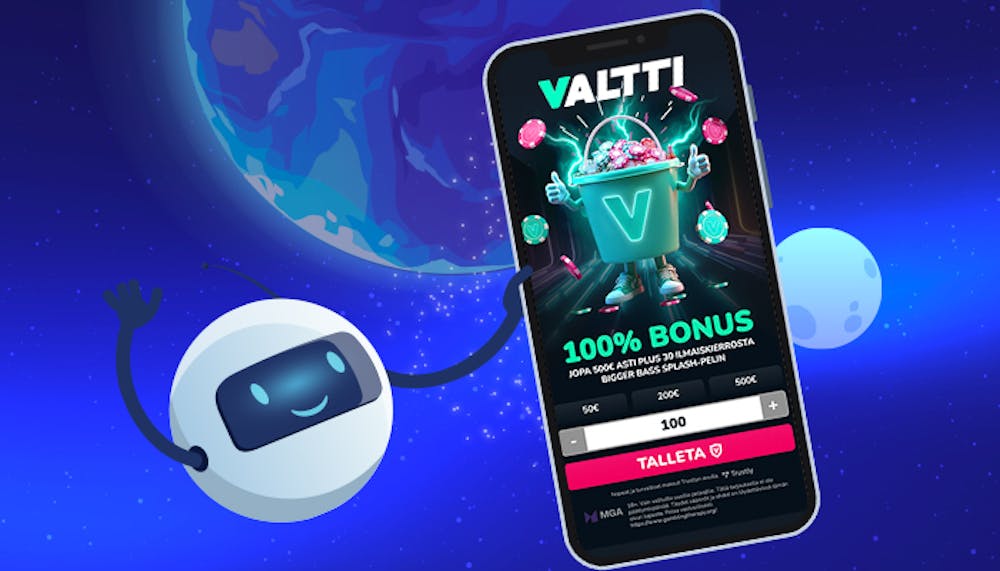 Valtti Casino avaruusteemaisessa kuvassa, jossa näkyy 100 % talletusbonus mobiililaitteella ja robotti hahmo