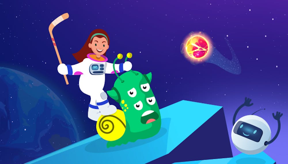 Astronautti, alien ja android pelaavat jääkiekkoa avaruudessa