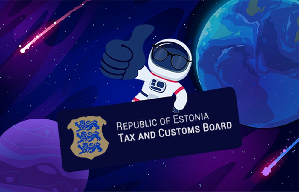 Viron pelilisenssi - kuvassa peukuttava astronautti ja Republic of Estonia Tax and Customs Board -logo