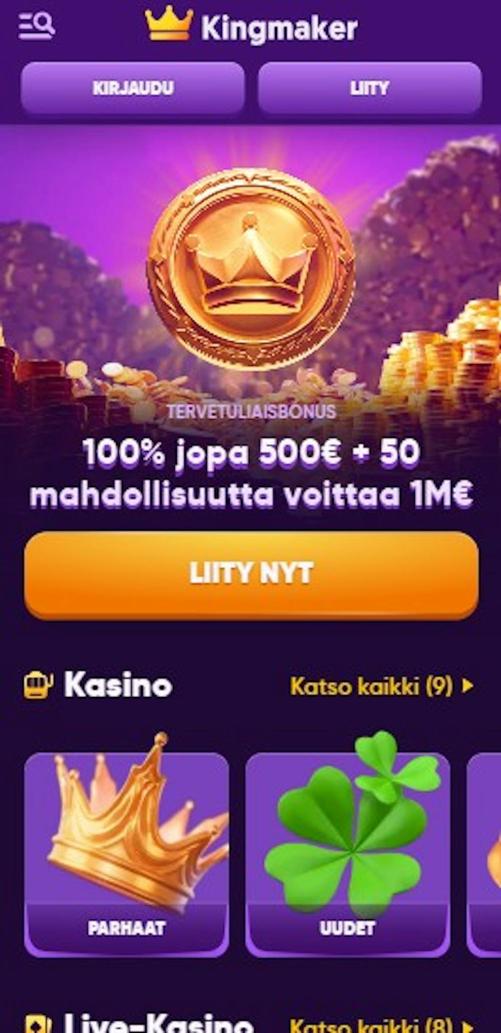 Kingmaker Casinon bonus uusille pelaajille on 100 % 500 euroon.