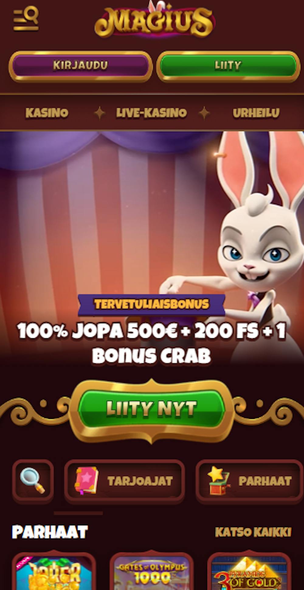 Magius nettikasinon tervetuliaistarjous on 100 % bonus 500 euroon ja 200 ilmaispyöräytystä.