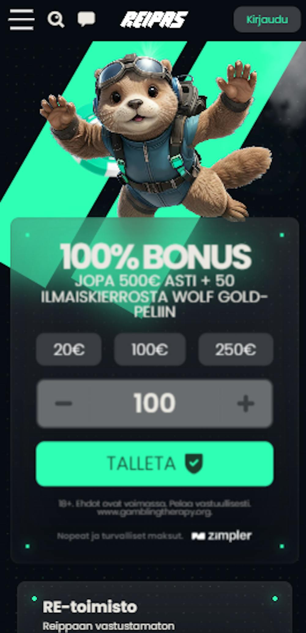 Reipas kasinon tervetuliaistarjous on 100 % bonus 500 euroon asti ja ilmaispyöräytyksiä.