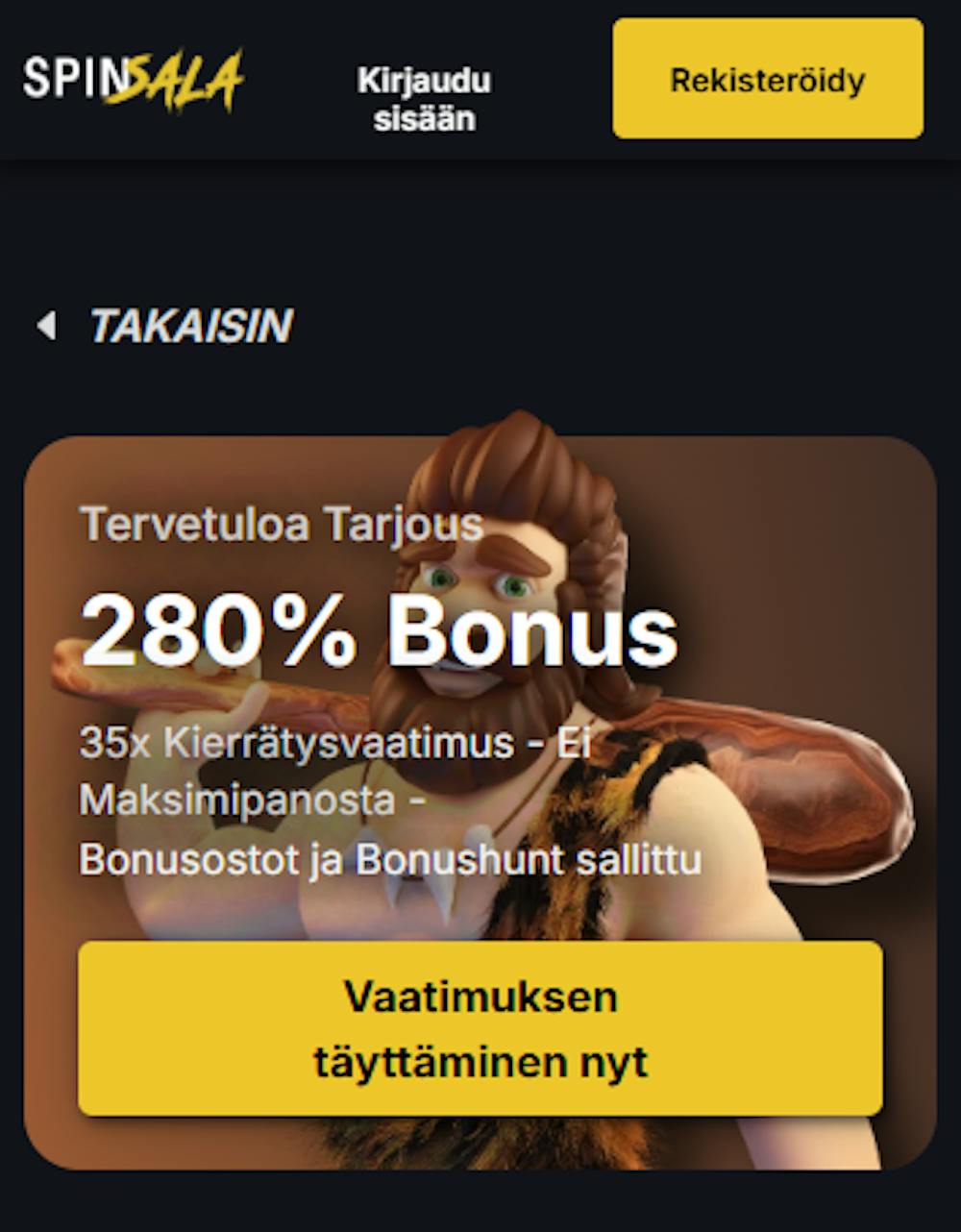 SpinSala kasinolla on tervetuliaistarjouksena 280 % bonus.