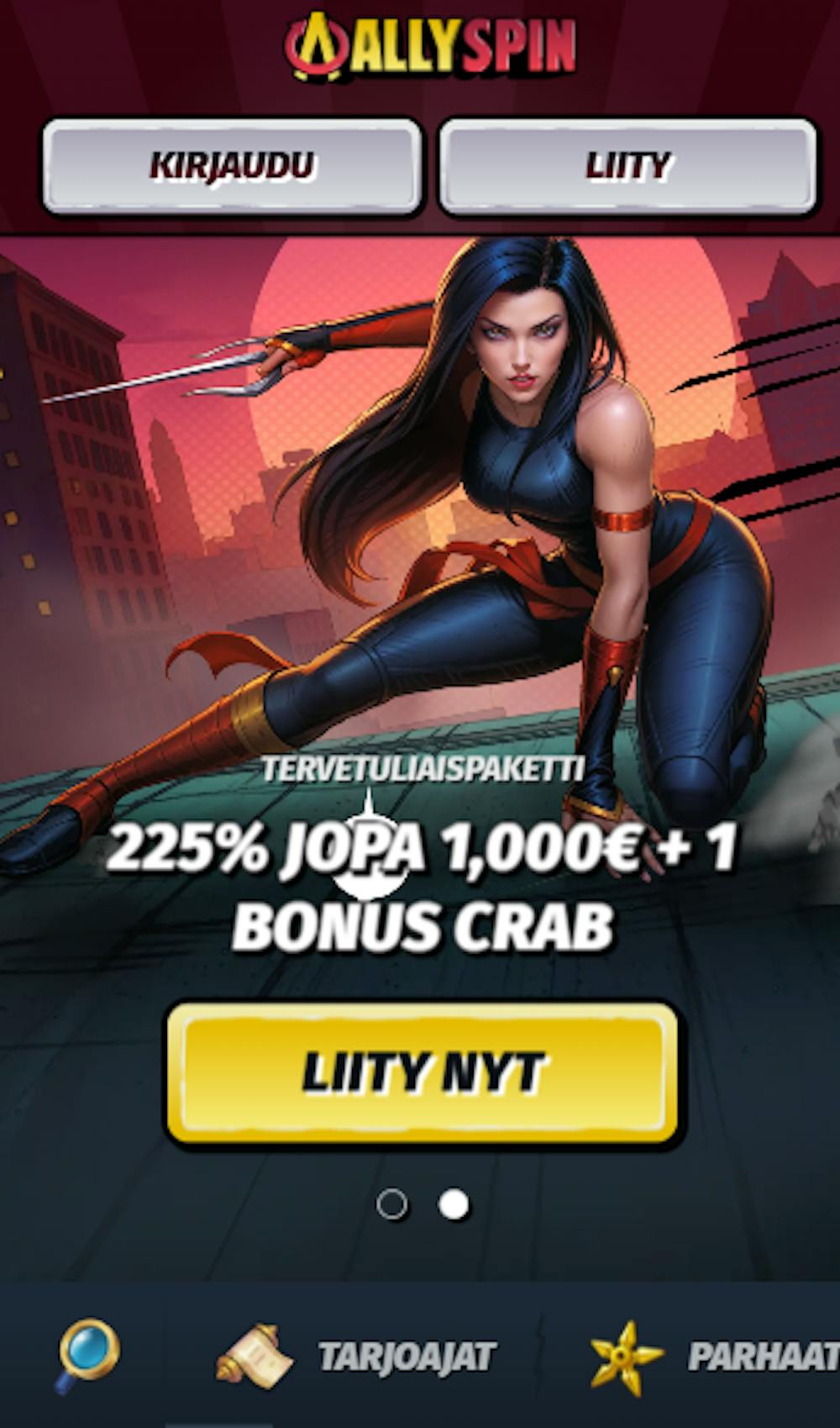 AllySpin kasinon tervetuliaisbonus on 225 % 1000 euroon asti.