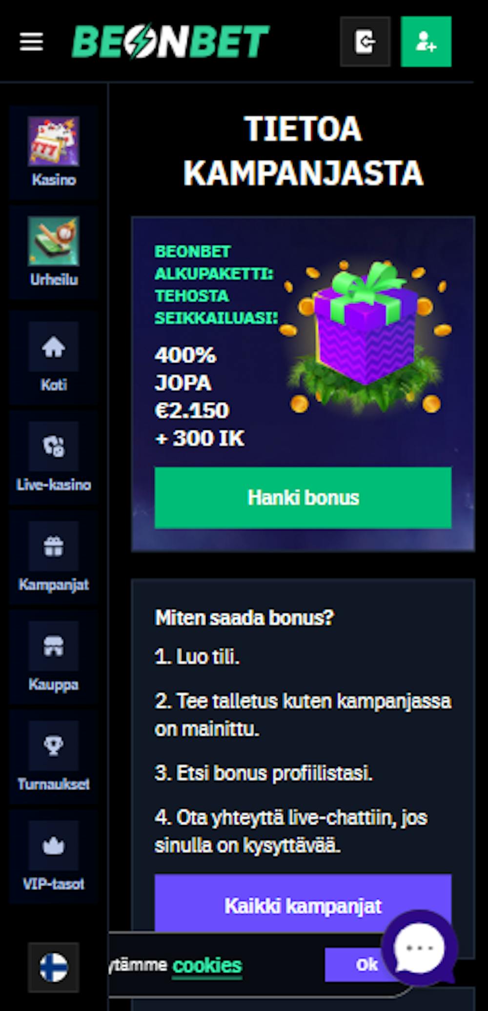 Be On Bet Casinon tervetuliaispaketti on 400 % talletusbonus 2150 euroon asti ja ilmaispyöräytyksiä.