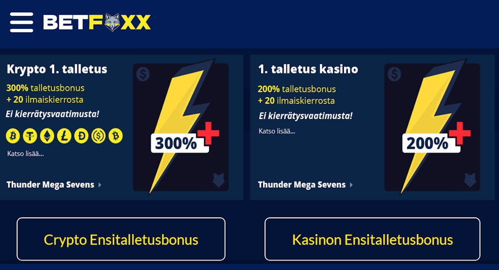 Betfoxx kasinon tervetulobonus vaihtoehtoja.