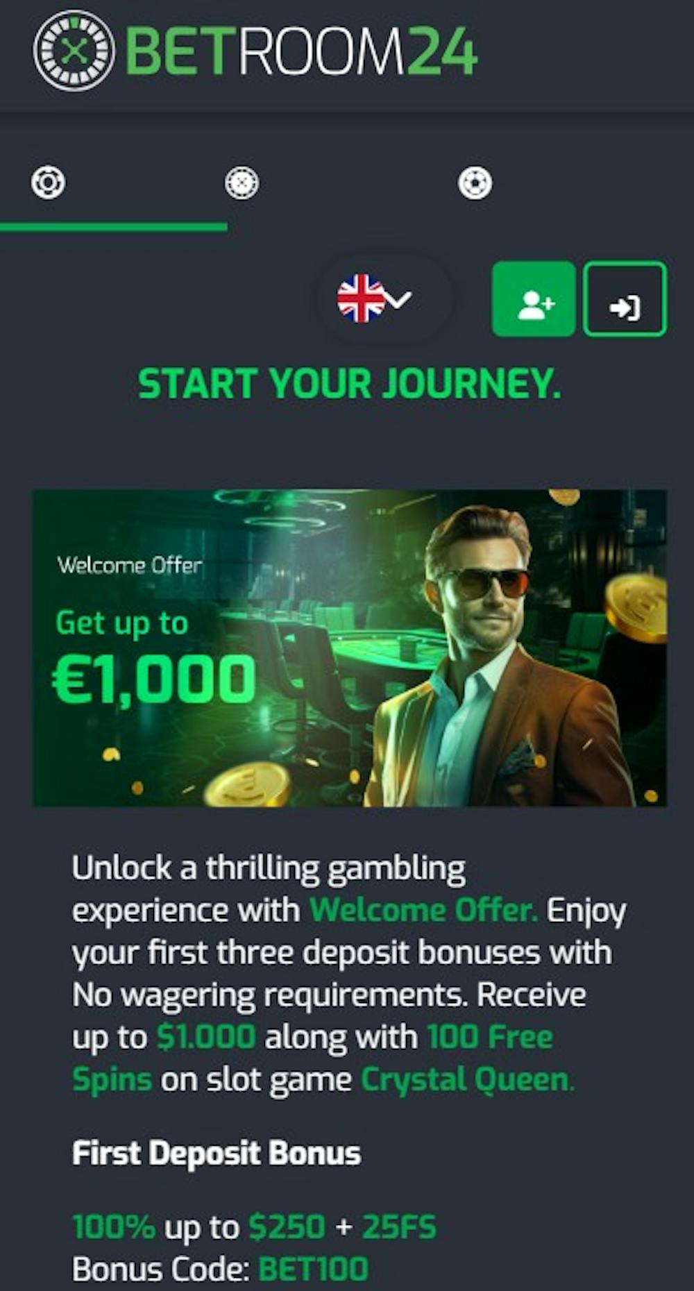 Betroom 24 Casino tarjoaa uusille pelaajille kierrätysvapaan tervetuliaisbonuksen.