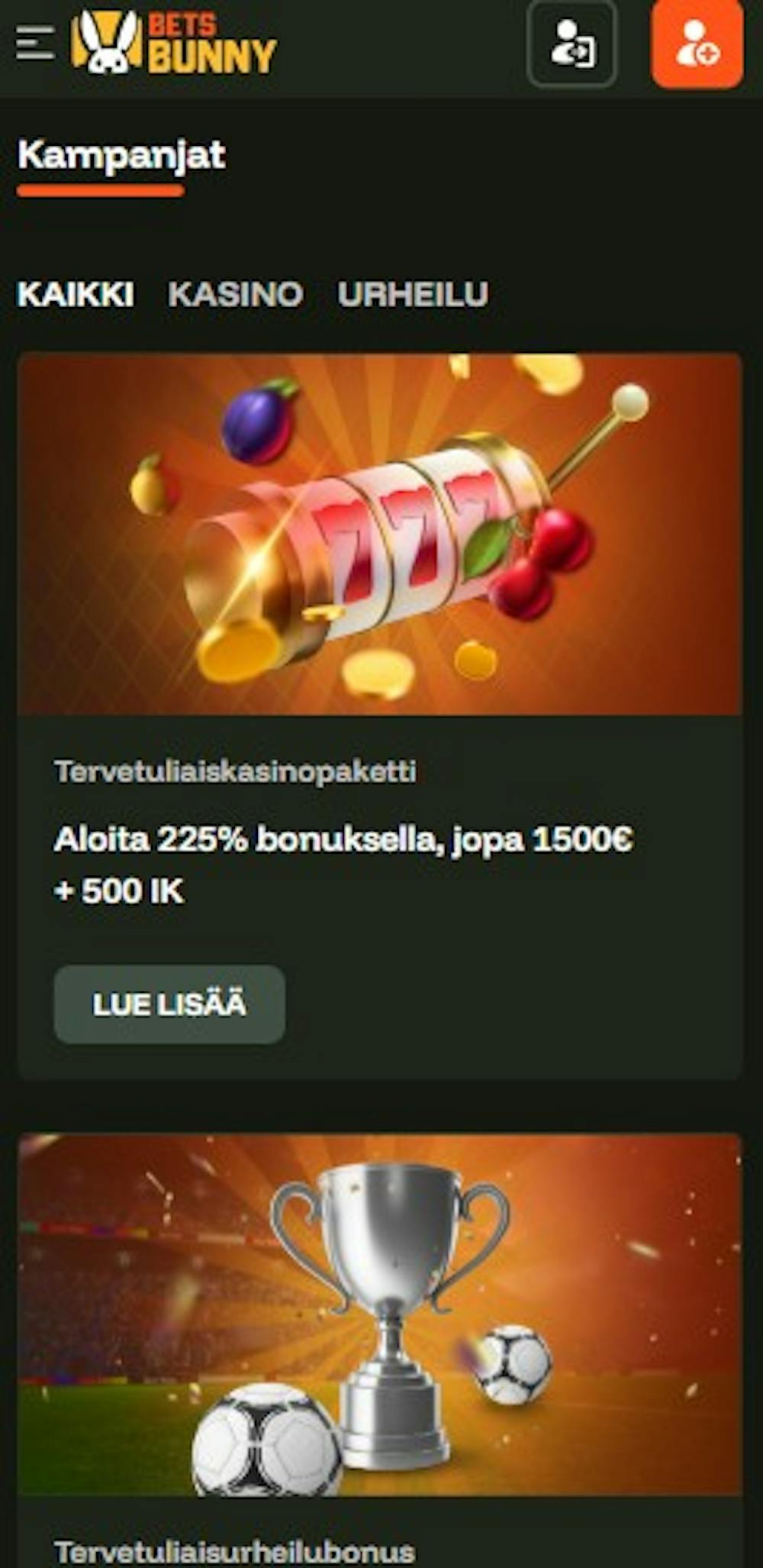 Bets Bunny Casinon tervetuliaistarjous on jopa 225 % bonus 1500 euroon.
