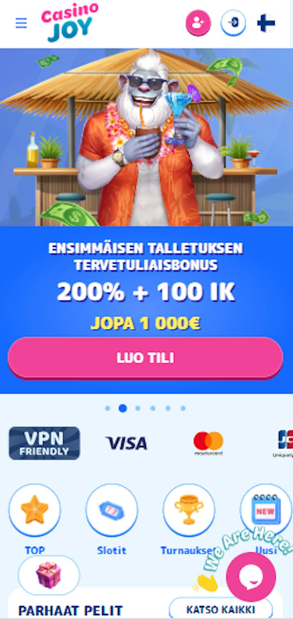 Casino Joyn tervetuliaistarjous on 200 % bonus 1000 euroon ja 100 ilmaispyöräytystä.