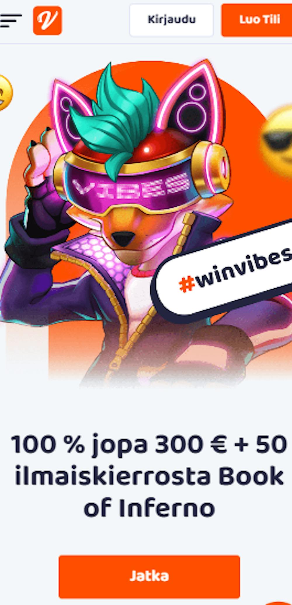 Casino Vibes kasinon tervetuliaistarjous on 100 % talletusbonus 300 euroon asti ja ilmaispyöräytyksiä.