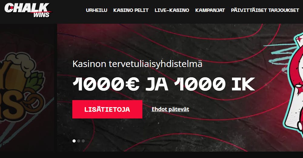 Chalk Wins Casinon tervetuliaisbonuksella voi saada yhteensä 1000 euroa bonusrahaa. 