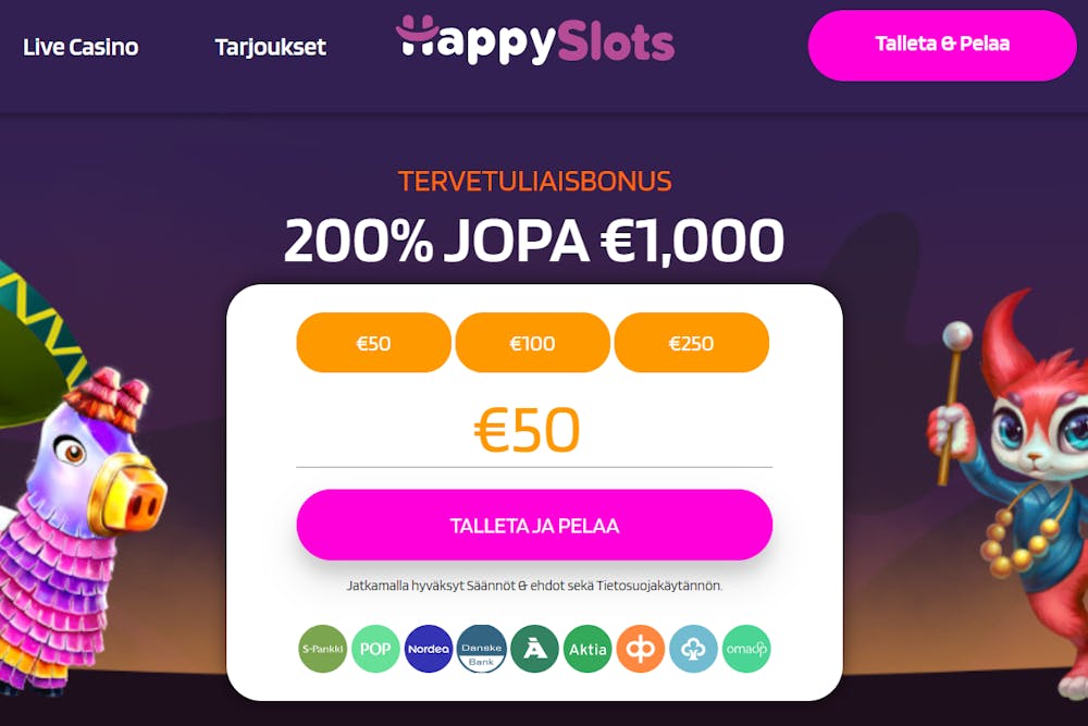 Tervetuliaisbonus Happyslots.com kasinolla.