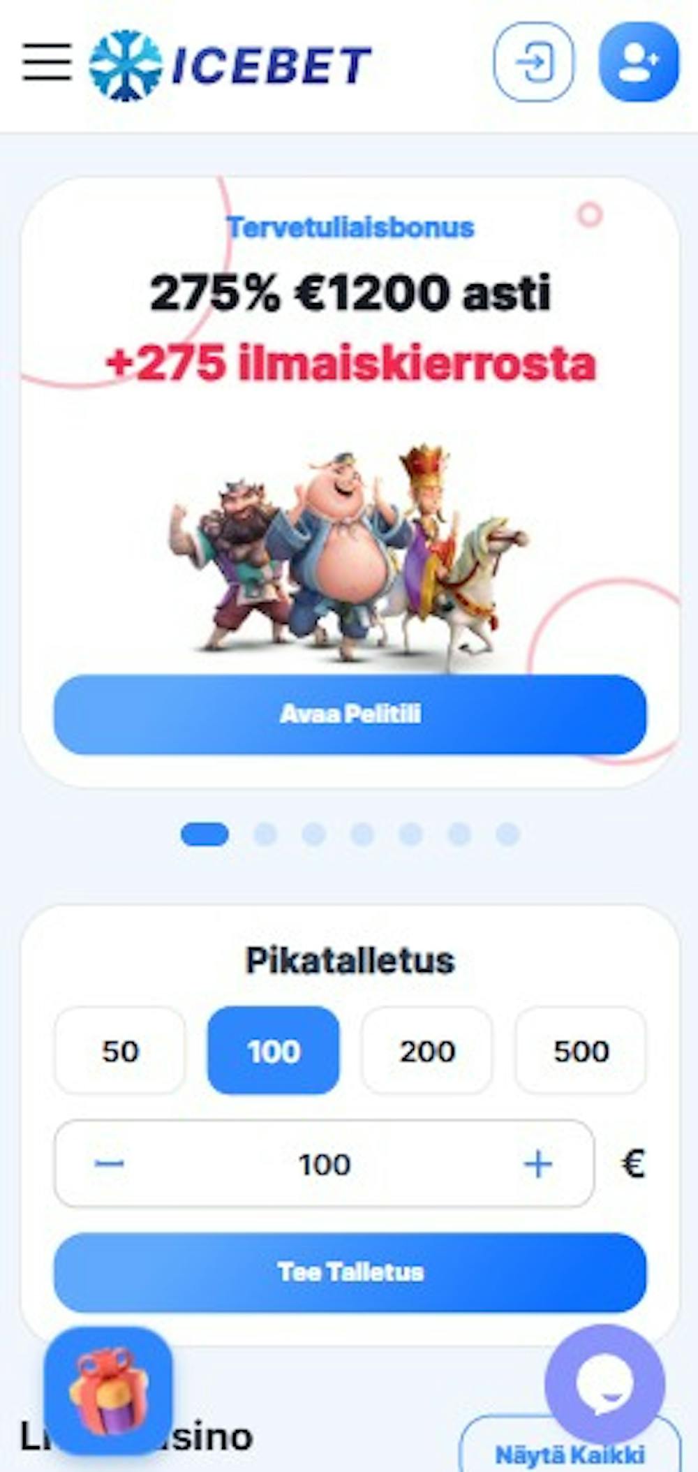 Icebet Casinon tervetuliaistarjous on 275 % bonus jopa 1200 euroon sekä ilmaiskierroksia.