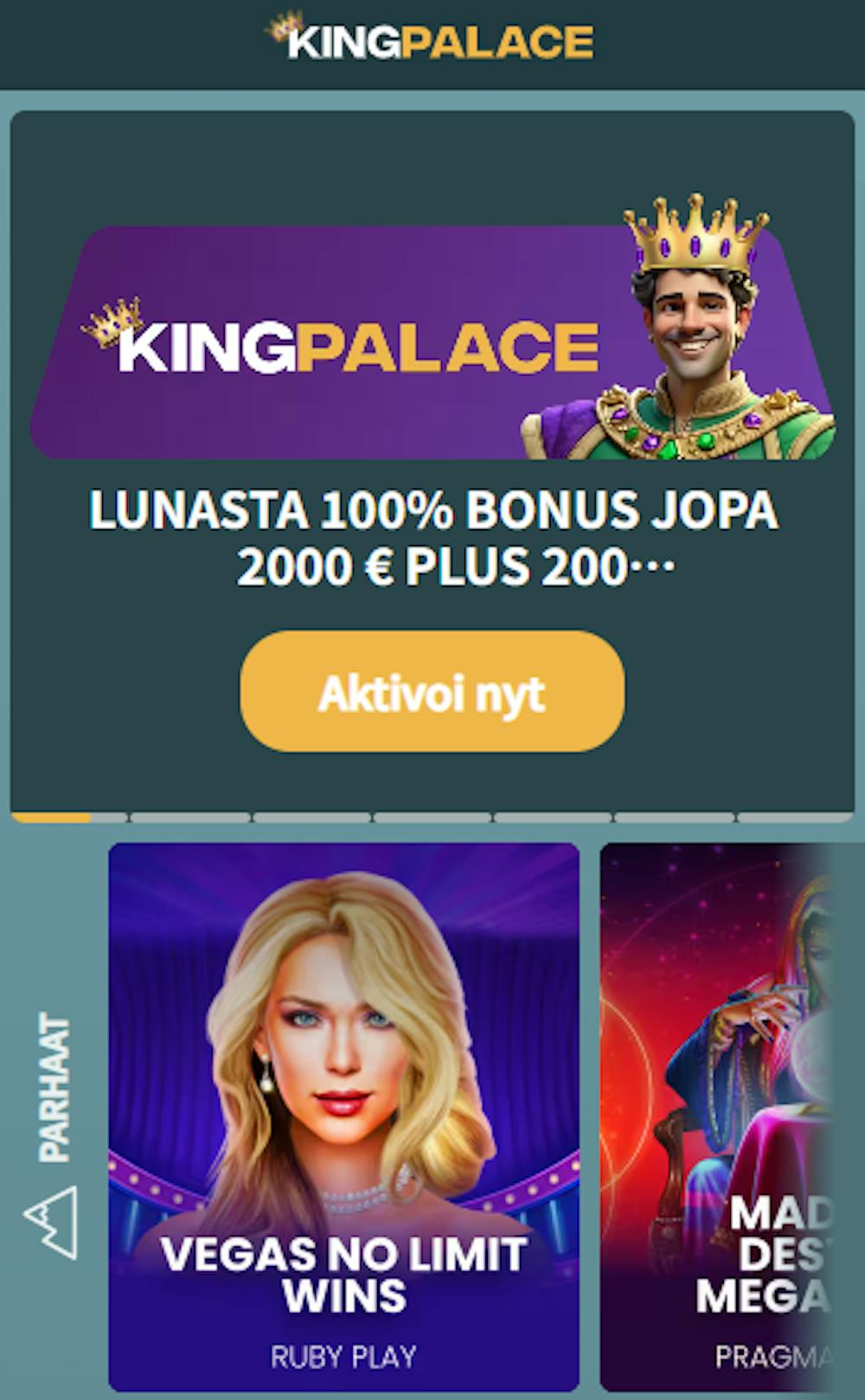 Kingpalace Casinon tervetuliaistarjous on yhteensä 100 % 2000 euroon asti ja 200 ilmaispyöräytystä.