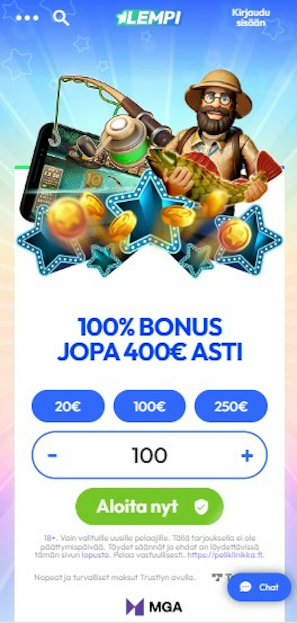 Lempi kasinon tervetuliaisbonus on jopa 400 euron arvoinen.