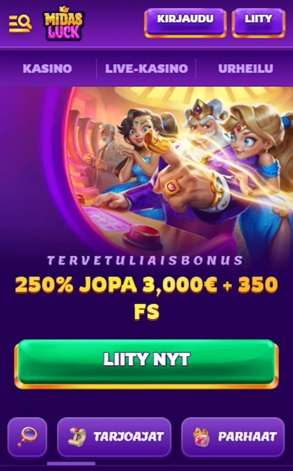 Midas Luck kasinon tervetuliaistarjous on 250 % bonus kaikkiaan 3000 euroon asti ja 350 ilmaispyöräytystä.