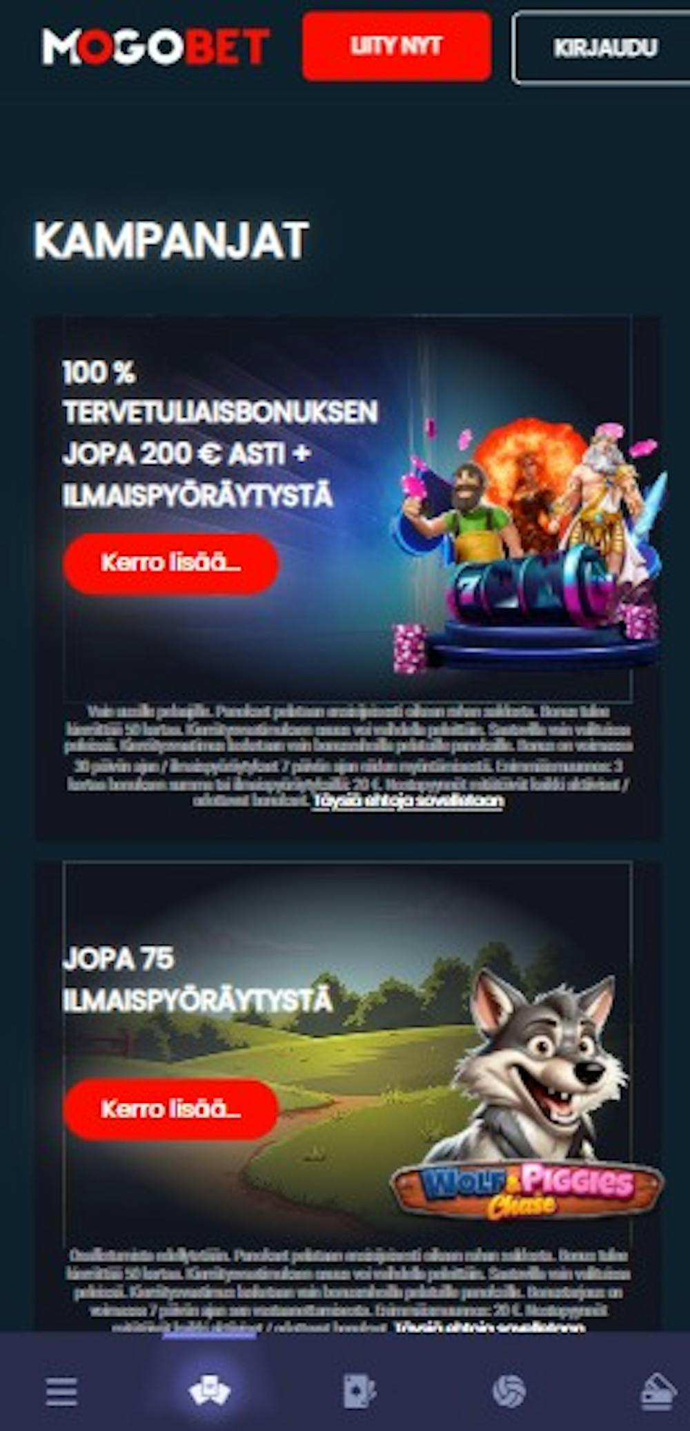 Mogobet kasinon tervetuliaisetu kasinopeleihin on 100 % bonus aina 200 euroon ja ilmaispyöräytyksiä.
