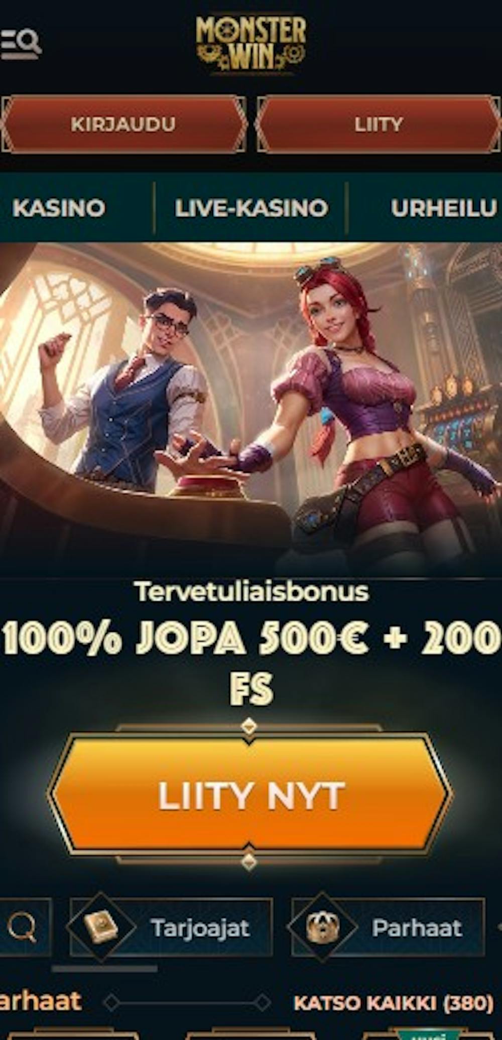 Monsterwin Casinon tervetuliaisetu uusille pelaajille on 100 % bonus 500 euroon ja ilmaiskierroksia.