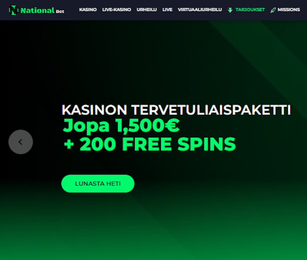 National Betin tervetuliaispaketti on kaikkiaan jopa 1500 euroa bonusta.