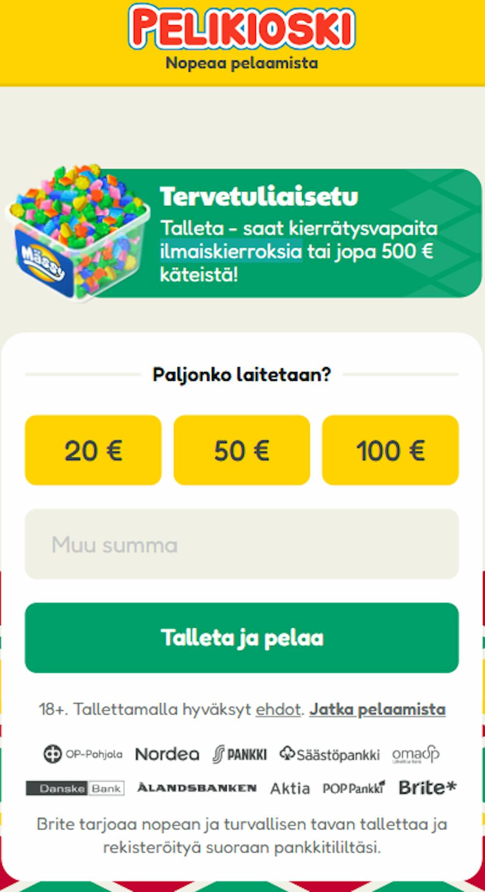 Pelikioskilla on bonusvaihtoehtoina ilmaiskierrokset tai käteisbonus.