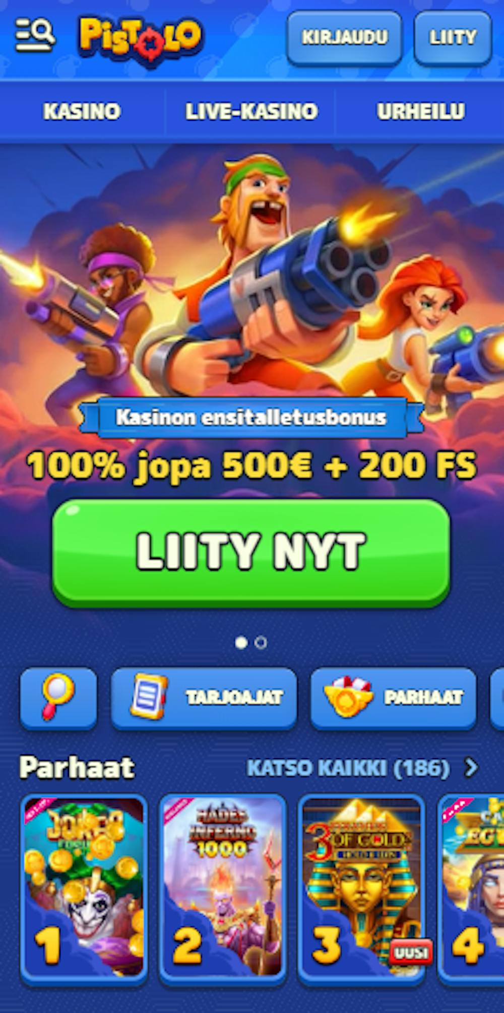 Pistolo kasinolla on 100 % ensitalletusbonus 500 euroon asti sekä 200 ilmaispyöräytystä,