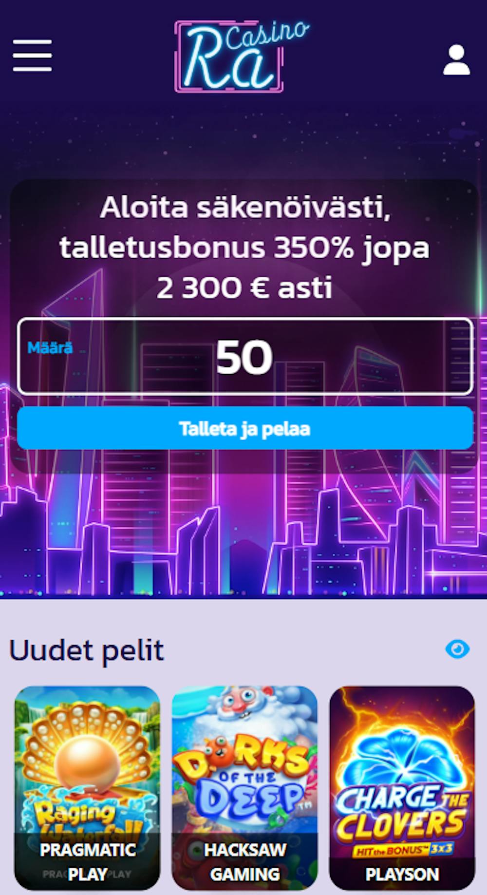 Ra Casinon tervetuliaistarjous on kokonaisuudessaan 350 % bonus 2300 euroon asti.
