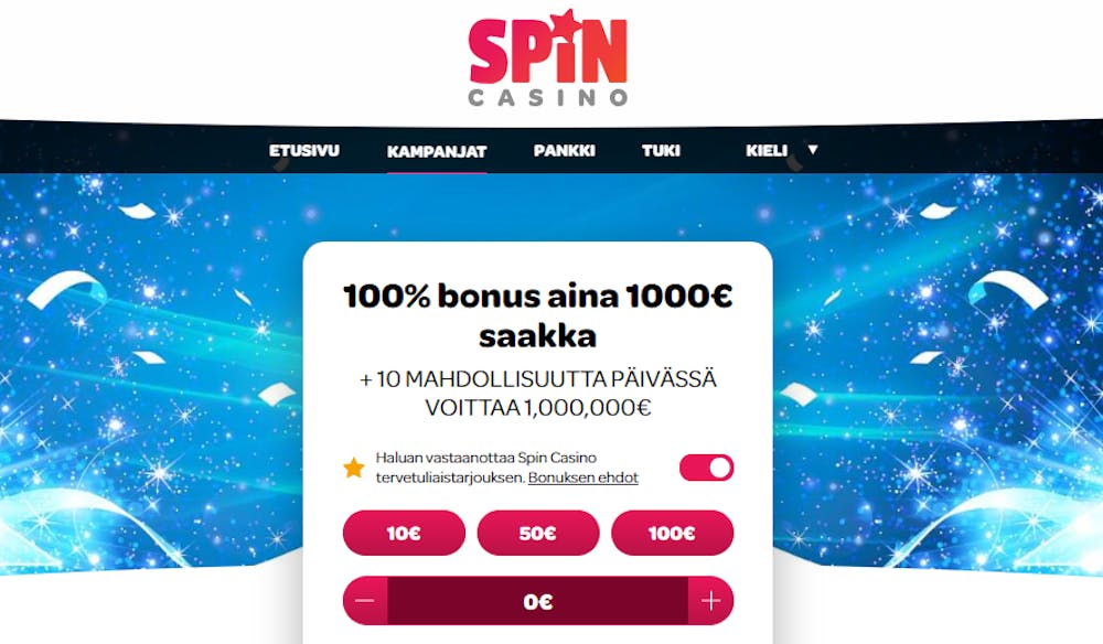 SpinCasinon tervetuliaistarjous uusille pelaajille on 100 % talletusbonus aina 1000 euroon asti.