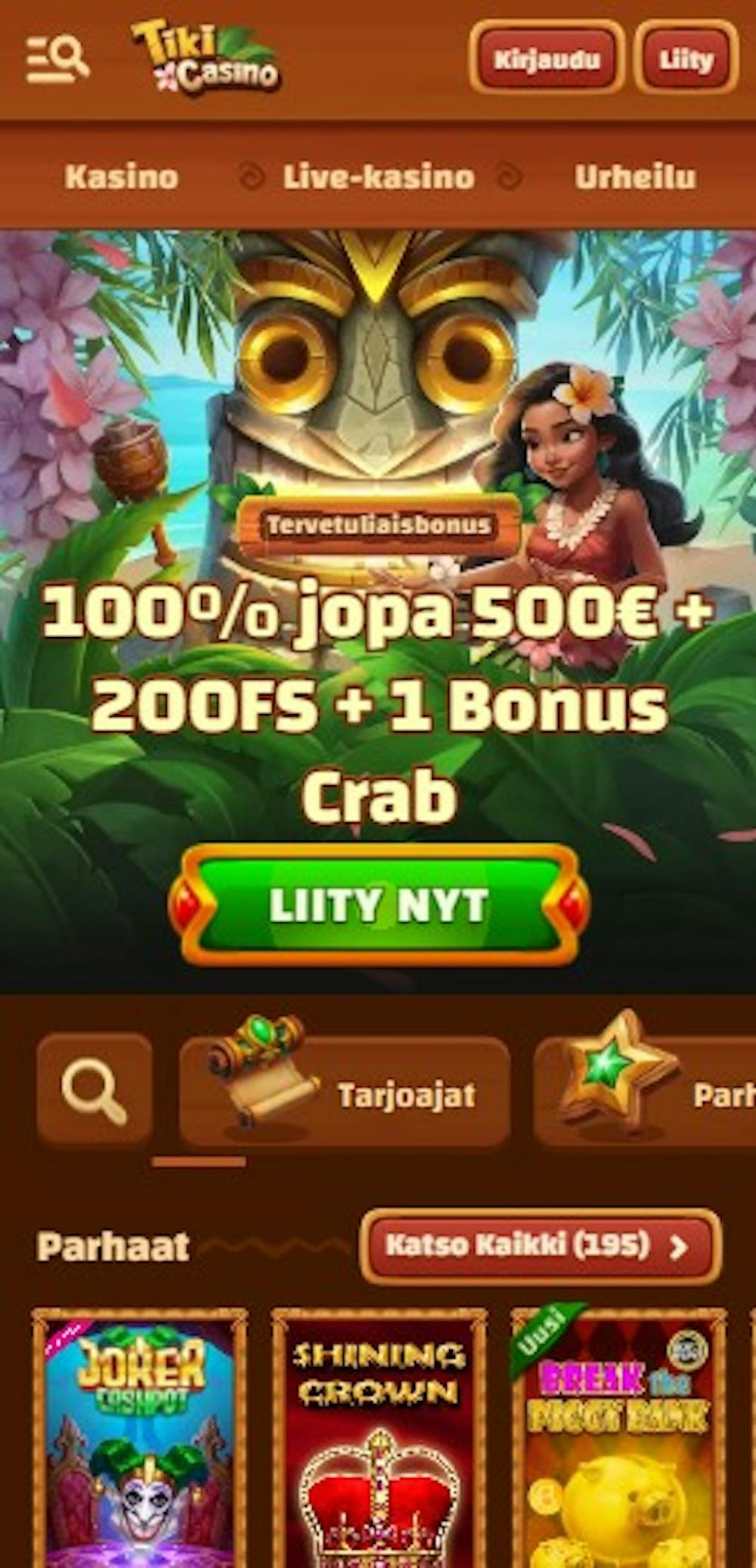 Tiki Casinon tervetuliaisbonus on 100 % 500 euroon asti ja ilmaiskierroksia.
