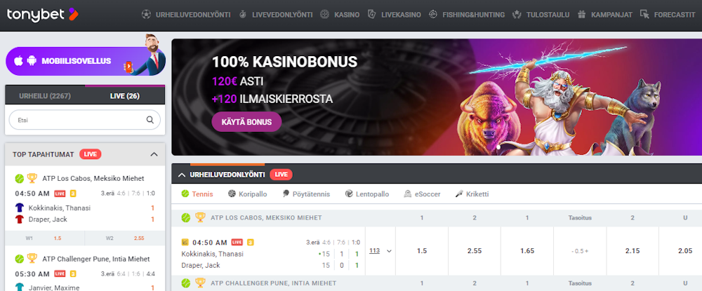 Tonybet kasinon tervetuliaisbonus.