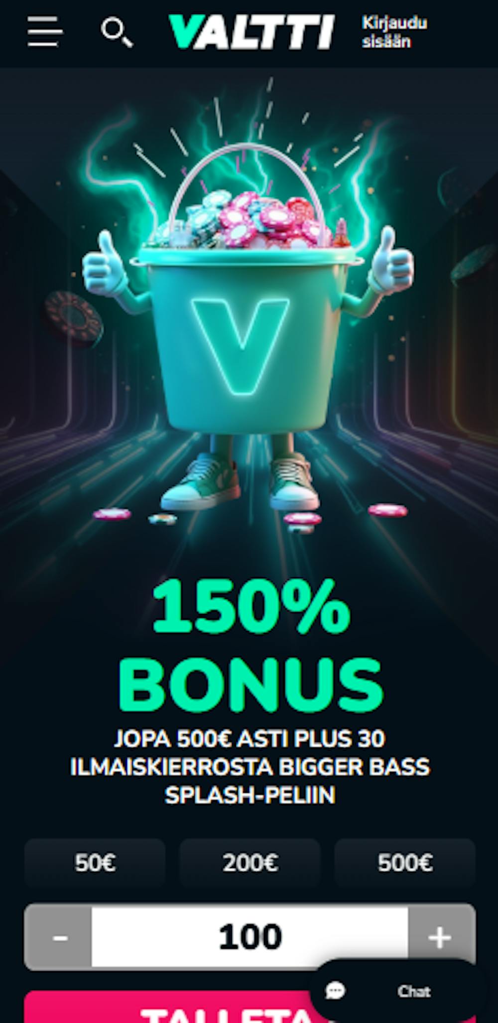 Valtti Casino tarjoaa 150 % talletusbonuksen 500 euroon asti ja 30 ilmaispyöräytystä.