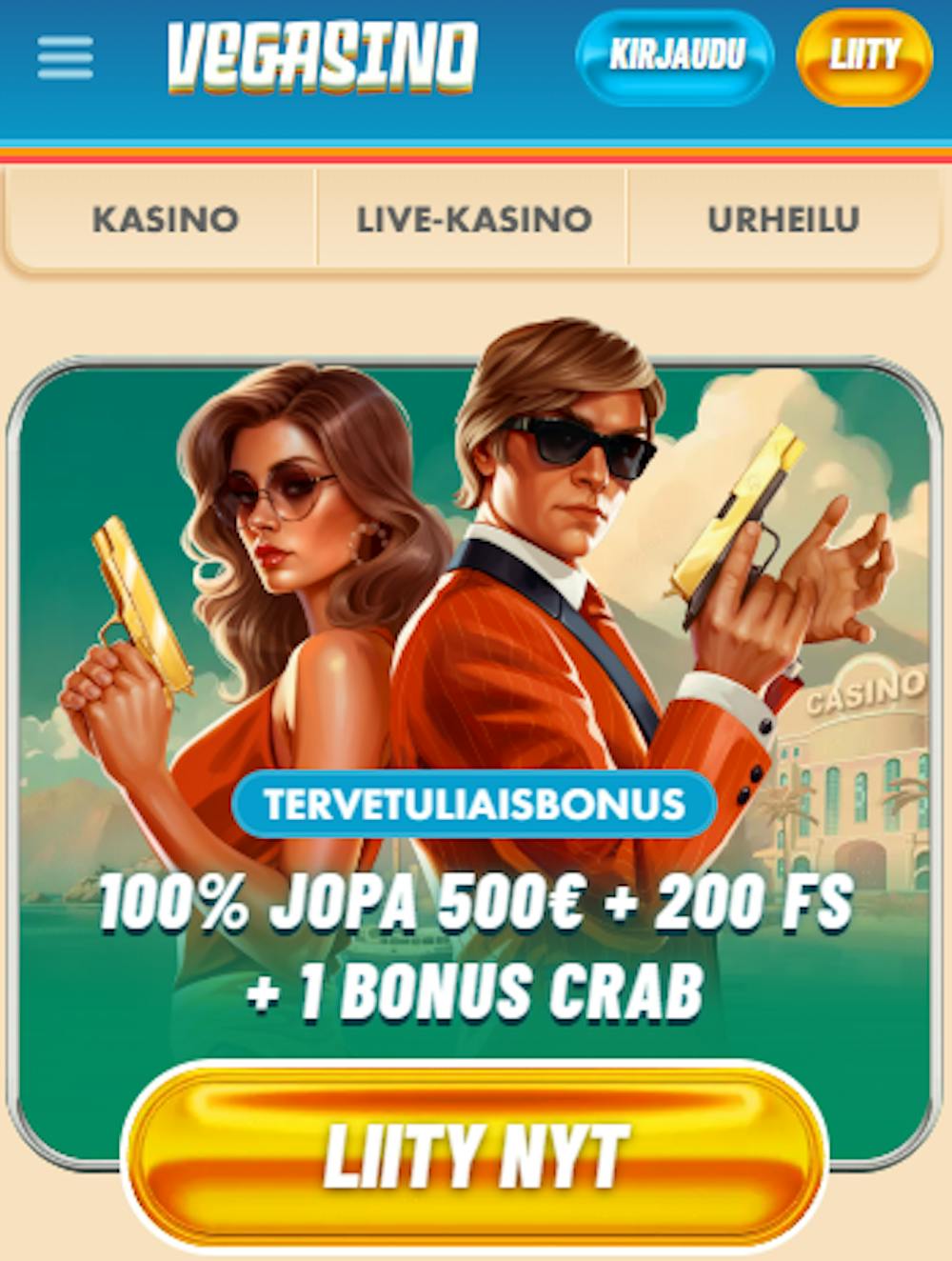 Vegasino casinon tervetuliaistarjous on 100 % 500 euroon asti ja 200 ilmaiskierrosta.